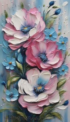 an oil painting of pink and blue flowers