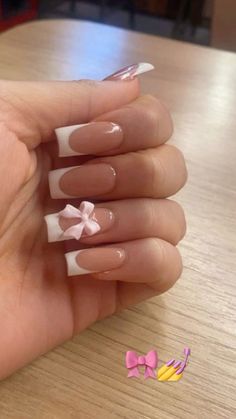 bow nails, french tip, girly girl Bow Acrylic Nails French Tip, Acrylic Nails Bow Design, French Tip Nails Bow, Bow French Tips, Nail Inspo With Bow, Nail Inspo Coffin French Tip, White French Tips With Bow, French Tips With Bows, French Tip Bow Nails