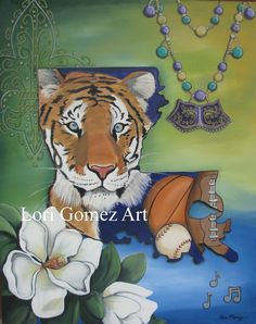 a painting of a tiger with flowers and beads on it's neck, next to a necklace