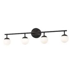 three light bathroom fixture with black finish and white glass globes on the top half