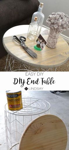 a diy end table made out of wood and wire