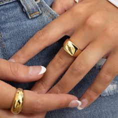 This statement signet ring is super stylish! It's great on its own, but also pairs nicely with other rings! THICK plating of 14k Gold over brass Sizes 6, 7, or 8 10mm Thick Nickel-free & Hypoallergenic Chunky Earrings, Bridesmaid Gifts Jewelry, Gold Signet Ring, Chunky Rings, Belly Chain, Recycled Metal, Gift Card Shop, Toe Rings, Bridesmaid Jewelry