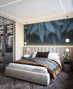 a bedroom with a large painting on the wall above the bed and nightstands next to it