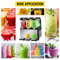 a collage of different types of juices and smoothies with the words wide application