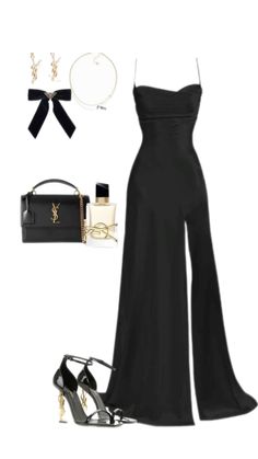 Chanel Dresses Aesthetic, Dior Elegant Dress, Chanel Elegant Dress, Ysl Heels Outfit Ideas, Ysl Heels Outfit Dress, Md Dresses Black, Rich Dress Aesthetic, Prom Dresses Old Money, Saint Laurent Heels Outfit