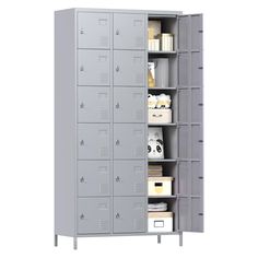 a large metal locker with many compartments