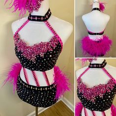 a pink and black costume with feathers on it's chest, in three different views