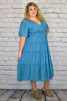 Smocked V-Neck Tiered Maxi Dress in Plus Size by Umgee Clothing Umgee Clothing, Teacher Clothes, Textured Design, Tiered Maxi Dress, Ruffle Sleeves, Dressed Down, Summer Dress, Smocking, Show Off