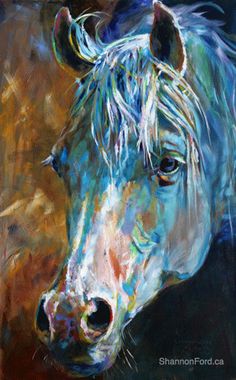 a painting of a white horse with blue eyes