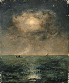 a painting of a boat in the ocean under a full moon