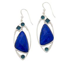 Jay King Sterling Silver Lapis and Aquamarine Drop Earrings These handcrafted sterling silver earrings feature beautiful blue lapis and aquamarine accents in a fun, contemporary design. Slip them on any time to add a touch of modern style to any outfit! From Jay King.       Approx. 2-3/8"L x 3/4"W     Stamped .925     Pierced with wire backs     Sterling silver open, marquise-shaped earring drops each have faceted, triangular blue lapis stones bezel-set in center      Each drop has two round and Handmade Blue Teardrop Sterling Silver Earrings, Elegant Silver Lapis Lazuli Earrings, Lapis Earrings Silver, Nickel-free Blue Teardrop Crystal Earrings, Blue Opal Earrings, Nickel-free Lapis Lazuli Dangle Earrings, True Winter, Dark Winter, Creative Stuff