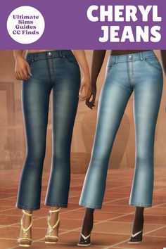 two women in jeans standing next to each other with the words cherryl jeans on them