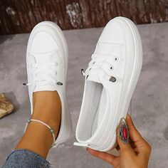 Category:Sneakers; Upper Materials:Canvas; Season:Fall,Summer,Spring; Heel Type:Flat Heel; Gender:Women's; Activity:Walking; Toe Shape:Round Toe; Style:Minimalism,Fashion,Casual,Sporty; Heel Height(inch):<1; Outsole Materials:MD (Phylon); Occasion:Outdoor,Daily; Closure Type:Lace-up; Listing Date:11/22/2023; 2024 Trends:White Shoes; Size chart date source:Provided by Supplier. White Spring Sneakers, Casual White Sneakers With Flat Bottom, White Casual Flat Bottom Sneakers, White Flat Heel Slip-on Sneakers, Flat Canvas Shoes With Laces For Spring, Spring Flat Canvas Shoes With Laces, Comfortable Summer Sneakers With Laces, Summer Low-top Leisure Sneakers, Casual White Flat Heel Canvas Shoes