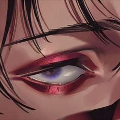 an anime character's eye with red and blue eyeshade, close up