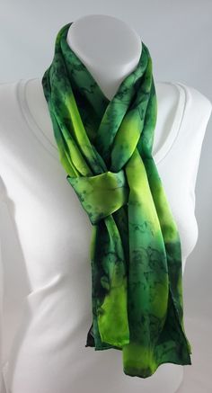 Hand painted silk scarf. Colours used - shades of green - aniseed, leaf and ivy. Design - a striking abstract blended design textured with salt, bold bright colours. Dimensions approx 35cm x180cm / 14 x 72 inches (the steam setting process may cause a little shrinkage). 100% silk satin, a little heavier than my other smooth scarves (weight 12 momme - medium). All edges are hand finished. I have used silk dyes (not paints) as these bond with the fibre of the silk after steam setting, to ensure co Artistic Green Silk Scarf, Artistic Hand-dyed Green Scarves, Artistic Hand Dyed Green Silk Scarf, Artistic Hand Painted Green Silk Scarf, Hand Painted Green Silk Scarf, Silk Scarf Painting, Hand Painted Silk Scarf, Clean Towels, Hand Painted Silk