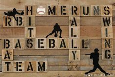 some type of wooden blocks with baseball players and words on them that spell out the names of different sports teams