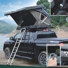 a black truck with a ladder attached to it's roof and an open tent on the back