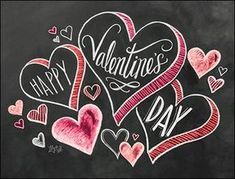 valentine's day written on a chalkboard with hearts