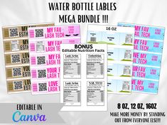 the water bottle labels mega bundle includes four different types of labels, including one for each