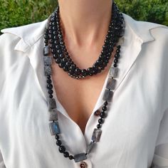 Black onyx and labradorite layered necklace set. Layered chunky statement natural gemstone beaded necklace for women. Large black gray handmade necklace with big bead and gemstone. Big bold bohemian bright necklace in silver color are suitable for an casual look, evening look and for a holiday. These necklace will be a good Christmas, anniversary, wedding or birthday gift for women, mom, wife, girlfriend, sister or daughter. Women's necklace with natural stone. It emphasizes the beauty of your n Bright Necklace, Large Bead Necklace, Layered Necklace Set, Gemstone Beaded Necklace, Labradorite Necklaces, Short Necklace, Birthday Gifts For Women, Mom Birthday Gift, Black Onyx