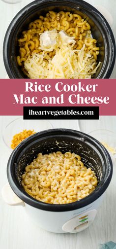 rice cooker macaroni and cheese in a crock pot with text overlay