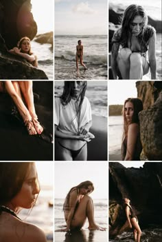 several pictures of women in different poses on the beach and one has her hand on her chest