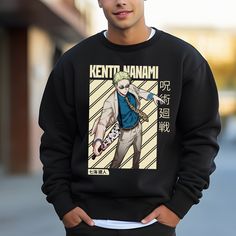 This vintage Kento Nanami anime crewneck is the perfect anime lover and jujutsu kaisen sweater. It can be a gift for him or a gift for her or they/them. If you have any questions, issues, or concerns, please don't hesitate to reach out directly via Etsy messages:) Thank you! I am so grateful for your support of my small business.  PLEASE REFERE TO THE SIZE CHART  NO REFUNDS UNLESS ITS EITHER MY MANUFACTURERS OR MY SELF FAULT. Ideal for any situation, a unisex heavy blend crewneck sweatshirt is p Casual Black Cosplay Sweatshirt, Anime Print Crew Neck Sweatshirt For Cosplay, Black Anime Print Crew Neck Sweatshirt, Black Cotton Anime Sweatshirt, Black Crew Neck Sweatshirt For Cosplay, Casual Character Print Sweatshirt For Cosplay, Anime Print Crew Neck Sweatshirt For Streetwear, Fandom Crew Neck Sweatshirt For Streetwear, Anime Cotton Sweatshirt With Crew Neck