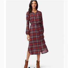 Brand-New With Tags In Original Shipping Bag Pendleton Long-Sleeve Button-Up Plaid Dress. Navy/Red/Gold Plaid Dress Navy Slip Included Matching Fabric Belt Pockets Length:46" Casual Dresses With Sleeves, Pendleton Dress, Plus Size Sweater Dress, Sheer Midi Dress, Loose Knit Cardigan, Wool Sweaters Womens, Pendleton Woolen Mills, Texture Inspiration, Dress Item