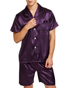 PRICES MAY VARY. Premium silk-like satin pajama set for men, 100% polyester. Short sleeve top with one front pocket on chest. Elastic waistband shorts with one button fly. Light weight polyester satin with silky feel for comfy night sleep. Great gift for family or friend. Good choice for Father's Day gift. New dark colored fabric will lose floating color from its surface, especially black. We suggest you wash your new satin products before wearing. If possible, please use neutral detergent to wa Silk Pajamas Shorts, Pajamas Short, Satin Pajama Set, Satin Pajama, Mens Pajamas Set, Silk Sleepwear, Night Sleep, Satin Pyjama Set, Sleepwear & Loungewear