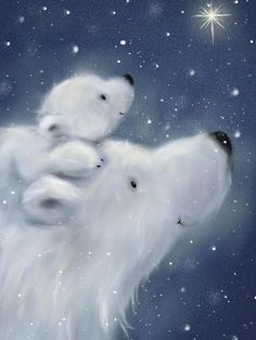 two polar bears sitting on top of each other in the sky with snow flakes