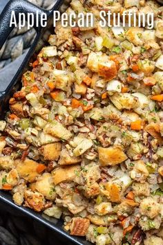 an apple pecan stuffing recipe in a black casserole dish with text overlay