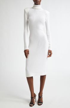 Tom Ford's tasteful luxury pervades a partially ribbed sweater-dress knit from pure Italian cashmere with a tall turtleneck. 45" length Slips on over head Turtleneck Long sleeves Unlined 100% cashmere Dry clean Made in Italy Designer Clothing Elegant Dress With Ribbed Neckline For Spring, Elegant Midi Dress With Ribbed Neckline, Elegant Stretch Sweater Dress With Ribbed Neckline, Elegant Fitted Midi Dress With Ribbed Neckline, Elegant Sweater Dress With Ribbed Neckline For Spring, Fitted Cashmere Midi Dress, Elegant Fitted Sweater Dress With Ribbed Neckline, Elegant Long Sleeve Sweater Dress With Ribbed Neckline, Elegant Ribbed Knit Midi Dress