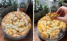 two pictures showing the process of making a casserole dish with chicken and cheese