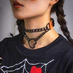 This edgy choker necklace features a layered chain design and an open heart pendant. 15.7" L Pendant : 1.3" W Rhodium plated copper / polyurethane Goth Choker, Chain Collar, Layered Choker Necklace, Kawaii Goth, Collar Choker, Layered Chain, Layered Chokers, Heart Choker, Black Choker