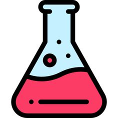 a pink and blue flask filled with red liquid on top of a white background