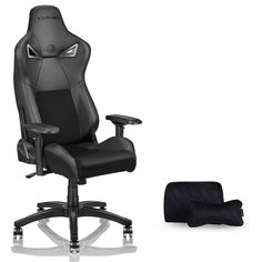 a black office chair next to an arm rest and foot rest pad on a white background