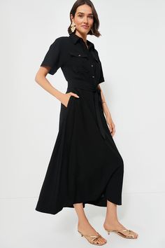 The Black Lucienne Dress takes elements you love from your favorite trench coat, button down, and maxi dress to create the style of all styles. This elegant number boasts a spread collar, short sleeves, front chest pockets, and a self-tie waistband to create an elevated and ultra-flattering silhouette. We are pairing this with everything from boots and a neck scarf to heels and gold accessories. Spread collar Short sleeves with cuffs Front button placket Double-breasted front flap pockets Adjust Maxi Dress Sale, Cocktail Attire, Plus And Minus, Neck Scarf, Gold Accessories, Weekend Wear, Office Fashion, Neck Scarves, Black Maxi Dress