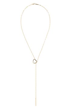 Adjust the style of this 14-karat-gold necklace with a sliding lariat closure topped with a heart pendant. 18" length; 2" extender; 6" drop 14k gold Imported Gold Heart Charm Lariat Necklace, Gold Lariat Necklace With Heart Charm, Elegant Lariat Heart Necklace Gift, Gold Heart-shaped Single Strand Necklace, Gold Single Strand Heart Necklace, Gold Heart Pendant Lariat Necklace With Adjustable Chain, Gold Lariat Necklace With Heart Pendant And Adjustable Chain, Adjustable Length Heart-shaped Gold Jewelry, Gold Heart-shaped Jewelry With Adjustable Length