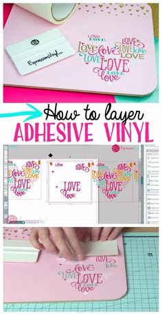 two photos with the words how to layer adhesive vinyl in pink and white on them