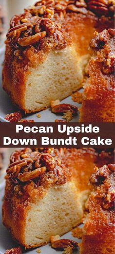 pecan upside down bundt cake on a plate