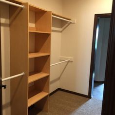 an empty walk in closet next to a door