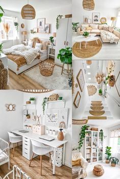 the collage shows different rooms with white furniture and plants in baskets hanging from the ceiling