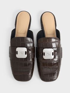 Dark Brown Croc-Effect Leather Metallic-Accent Loafer Mules - CHARLES & KEITH US Luxury Slip-on Mules For Work, Luxury Square Toe Mules For Work, Luxury Crocodile Pattern Loafers For Workwear, Luxury Crocodile Pattern Loafers For Work, Designer Slip-on Mules For Office, Luxury Slip-ons For Workwear, L Initial, Online Shopping Shoes, Slingback Flats