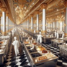 a large room filled with lots of tables covered in food