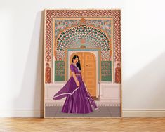 a woman in a purple sari is standing by a door with an intricate design on it