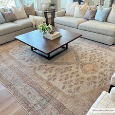 a living room with couches, tables and rugs in it's center