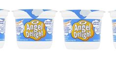 three cups of angel delight yogurt on a white background