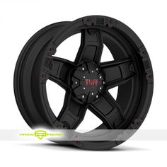 a black wheel with the word tuff on it's center and red lettering