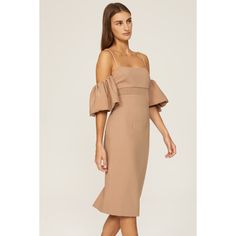 Brown crepe (88% Polyamide, 12% Elastane).Lining (96% Polyamide, 4% Elastane). Sheath. Short sleeves. Square neck. Back zipper closure. 42" from shoulder to hemline. Made in the USA. Beige Square Neck Midi Dress For Evening, Chic Lined Midi Dress, Summer Off-shoulder Pleated Sleeves Dress, Spring Off-shoulder Lined Midi Dress, Summer Off-shoulder Dress With Pleated Sleeves, Elegant Off-shoulder Lined Dress, Knee-length Dress With Structured Shoulders For Date Night, Chic Off-shoulder Dress With Pleated Sleeves, Spring Party Crepe Mini Dress