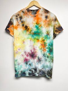 Hand made Tie-dye , 5.3 oz 100% cotton T-shirt, unisex/men size. Only one available.  If not satisfied, please contact me. Cotton Tie Dye T-shirt With Rainbow Print, Casual Multicolor Watercolor Print T-shirt, Tie Dye Rainbow Print T-shirt For Summer, Summer Rainbow Print Tie Dye T-shirt, Multicolor Paint Splatter Crew Neck T-shirt, Multicolor Crew Neck T-shirt With Paint Splatter, Unisex Multicolor T-shirt For Summer, Multicolor Paint Splatter Casual T-shirt, Casual Multicolor Paint Splatter T-shirt